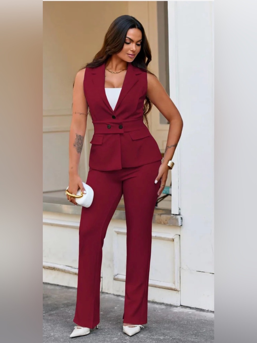 Sleeveless V-Neck Burgundy Tailored 2 piece set - Picture 2 of 3